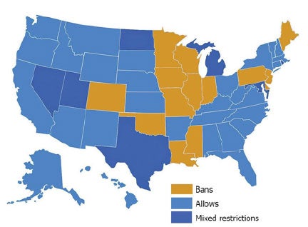 color grid map of states with car sales ban on sundays